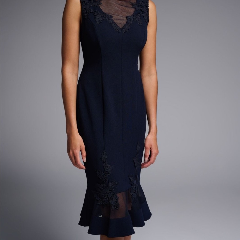 Holiday dressing! Joseph Ribkoff navy dress flounce lace sleeveless dress size 4